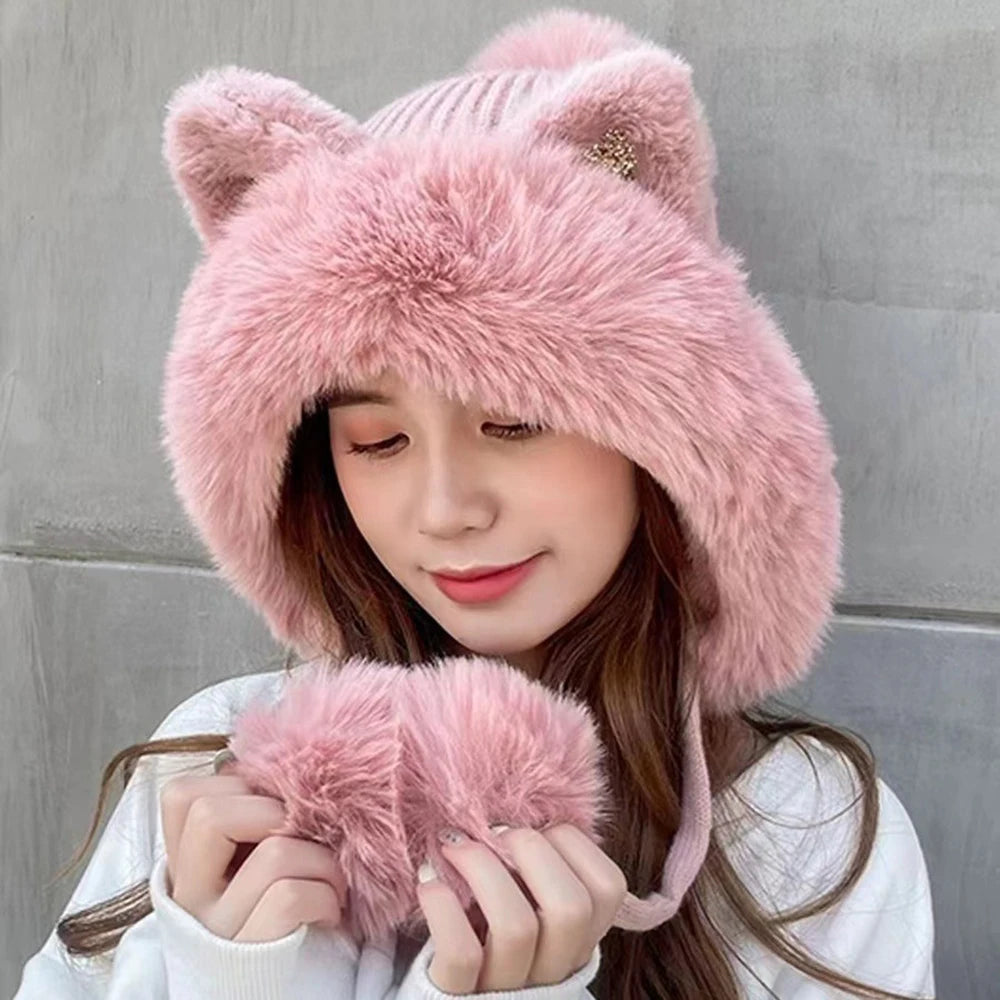 Cute Cat Ears Winter Hat Add Fluff Lined Windproof Warm Beanies With Hairballs Outdoor Ear Protection Luxury Hats For Women