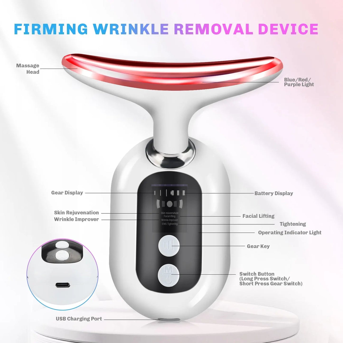 EMS Neck Beauty Device LED Photon Face Beauty Device Microcurrent Skin Lifting Firming Wrinkle Remover Reduce Double Chin