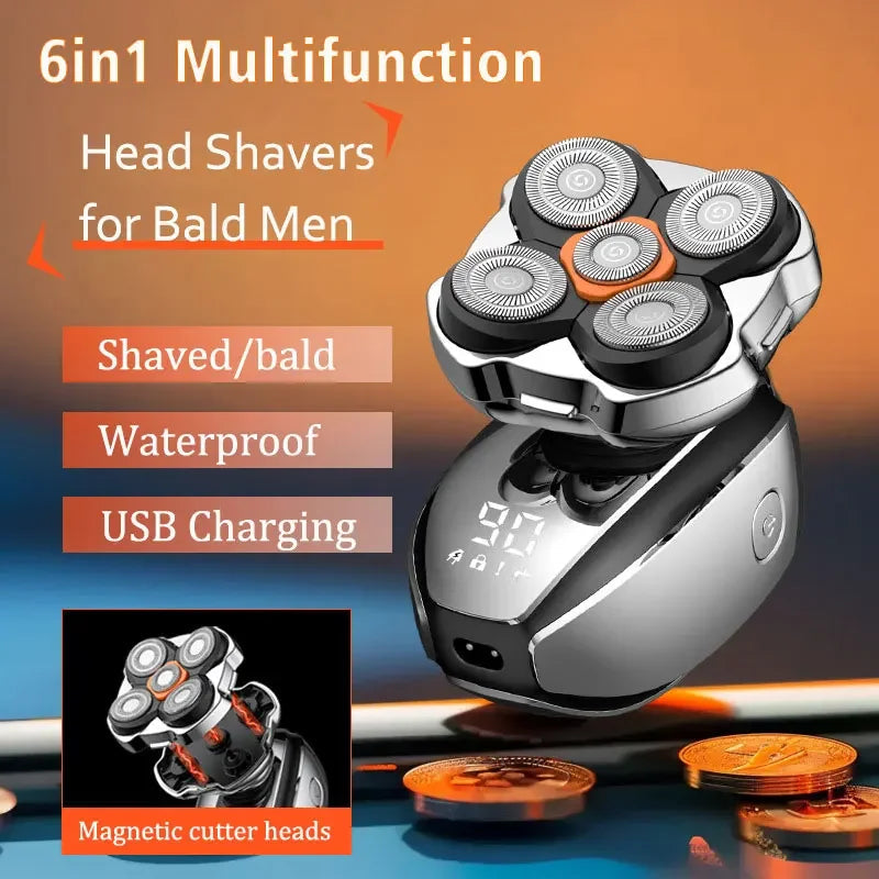 Head Shavers Upgraded 6-in-1 Electric Razor for Bald Men 5D Floating Shaving Rotary Shaver Grooming Kit IPX7 Waterproof Wet Dry