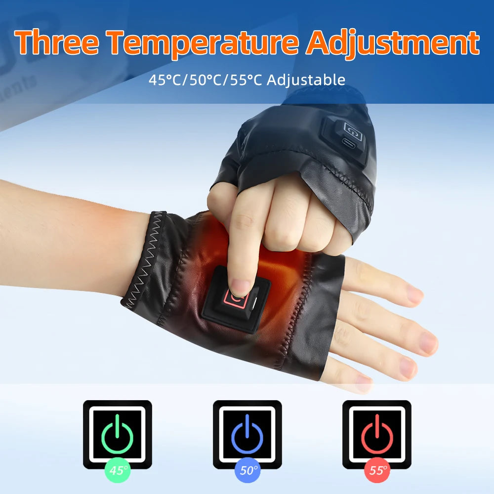Smart Wireless Heating Leather Gloves Winter Thermal Fingerless Glove Hand Keep Warm
