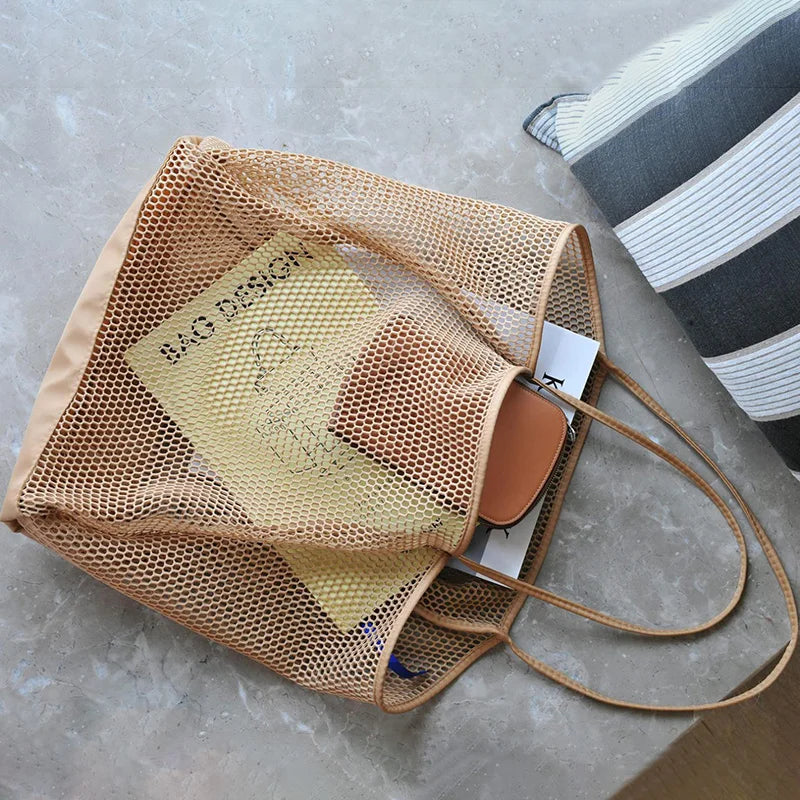 Spring Summer Solid Color Hollow Mesh Tote Bag Large Capacity Travel Shoulder Tote Bag Daily Beach Swimming Gym Shopping Bag