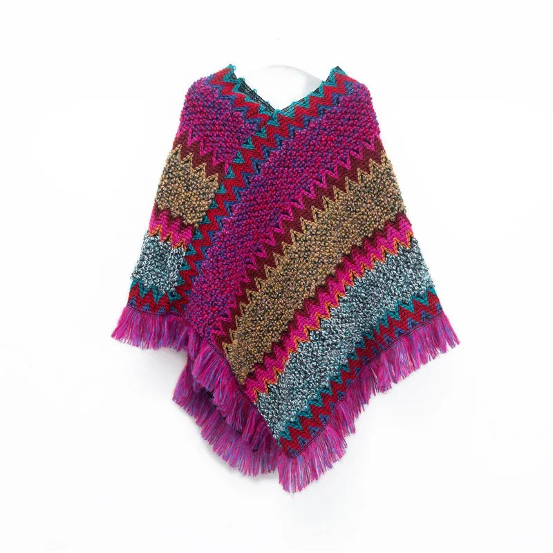 Patchwork Shawl Knitted Striped Print Cardigans Women Poncho Autumn Winter Clothing Sleeveless Sweater Cape Coats