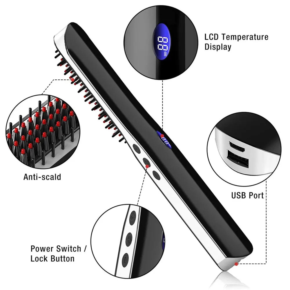 Multifunctional Mini Hair Comb Wireless  for Men & Women Fast Heated Brush Hot Electric Comb Beard Straightener Hair Curler