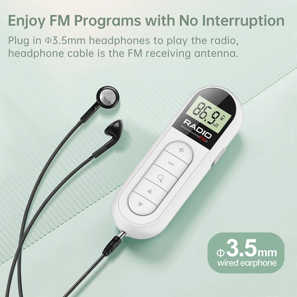 Mini Portable Pocket FM Radio 76-108MHZ Radio Receiver with Backlight LCD Display Wired 3.5mm Headphones Support Type-c Charging