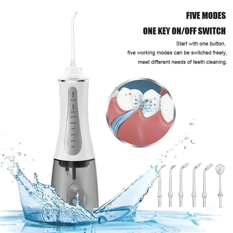 Portable Oral Irrigator 5 Modes Rechargeable Dental Water Jet 6 Nozzles Waterproof 350ML Tank Water Flosser For Teeth Whitening