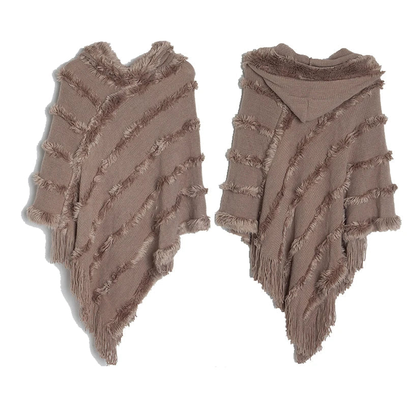 Women Winter Knit Hooded Poncho Cape Lady Spring Fringed Shawl Wrap Sweater Pullover Vintage Chic Tassels Cloak Capes