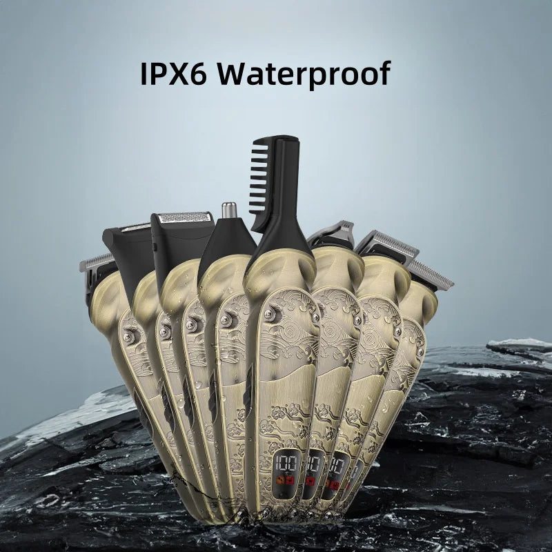 Professional IPX6 Waterproof Hair Trimmer Set 1200mAh Battery Men Rechargeable Cordless 8 in 1 Beard Hair Clipper
