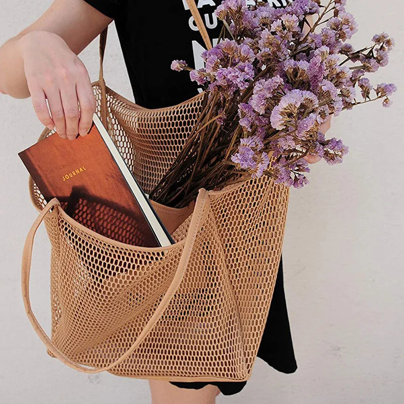 Spring Summer Solid Color Hollow Mesh Tote Bag Large Capacity Travel Shoulder Tote Bag Daily Beach Swimming Gym Shopping Bag