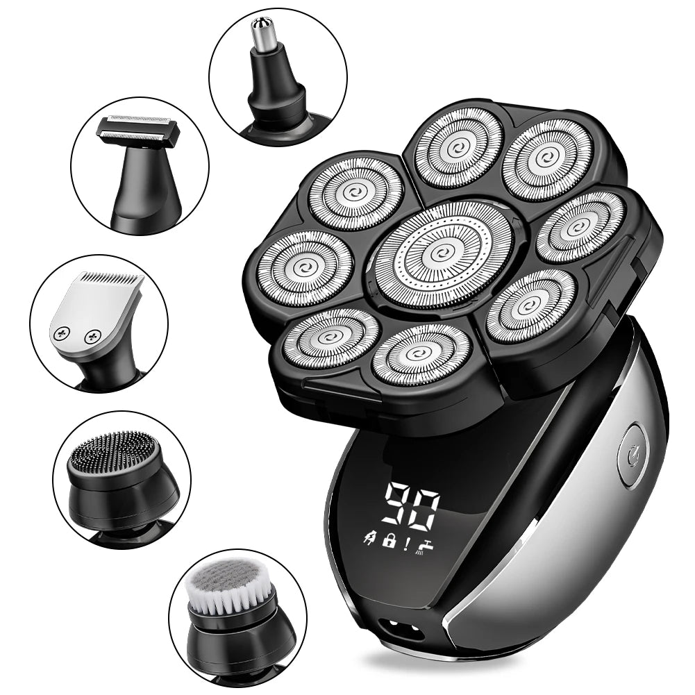 6In1 Men's Bald Head Electric Shaver 9 Blades Floating Heads Beard Nose Ear Hair Trimmer Clipper Facial Brush Rechargeable Razor
