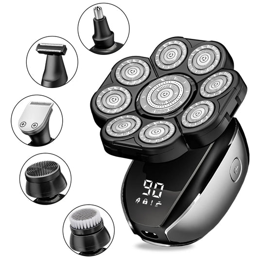 6In1 Men's Bald Head Electric Shaver 9 Blades Floating Heads Beard Nose Ear Hair Trimmer Clipper Facial Brush Rechargeable Razor