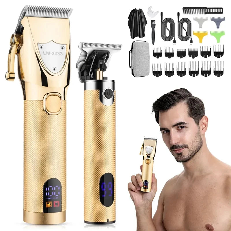 Cordless Professional Trimmer All Metal Body Low Noise Electric Hair Clipper 2 in 1 Set with Travel Bag for Men