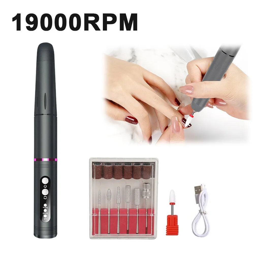19000RPM Electric Nail Art Machine USB Cordless Nail Drill for Nail Polish Professional E-file Milling Nail Files Salon Tool