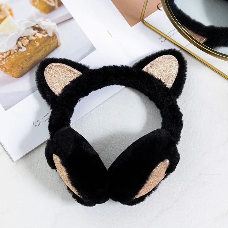 Cute Glitter Cat Ear Earmuff Soft Plush Warmer Winter Warm for Women Men Fashion Solid Earflap Outdoor Cold Protection Ear Cover