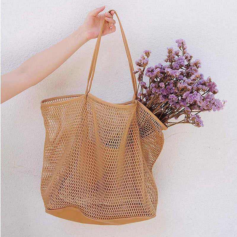 Spring Summer Solid Color Hollow Mesh Tote Bag Large Capacity Travel Shoulder Tote Bag Daily Beach Swimming Gym Shopping Bag