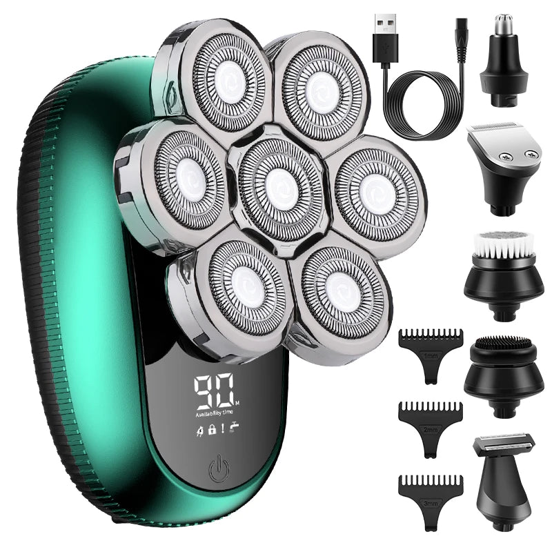 6 in 1 7D Floating Cutter Beard Electric Head Shaver for Bald Men USB Wireless Charging Trimmer Clipper