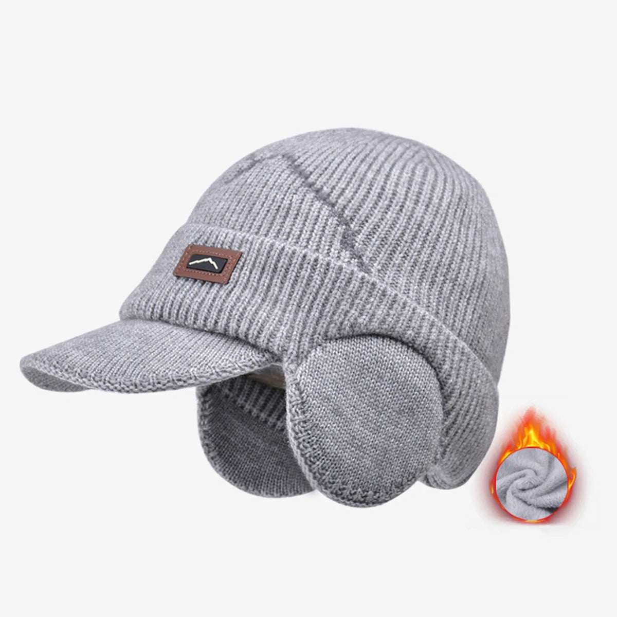 Men's Winter Visor Beanie With Earflap Warm Fleece Lined Knitted Ear Cover Brimmed Hat Sports Newsboy Cap for Outdoor Snow Cap