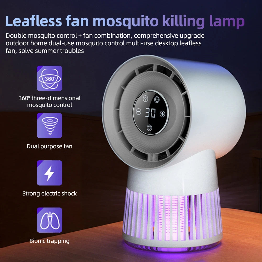 Portable Rechargeable Electric Bug Zapper Desk Fan Bladeless 8H Timer 20 Gears Mosquito Zapper 2 in 1 for Patio Backyard Bedroom