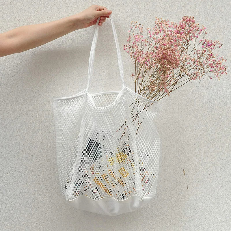 Spring Summer Solid Color Hollow Mesh Tote Bag Large Capacity Travel Shoulder Tote Bag Daily Beach Swimming Gym Shopping Bag