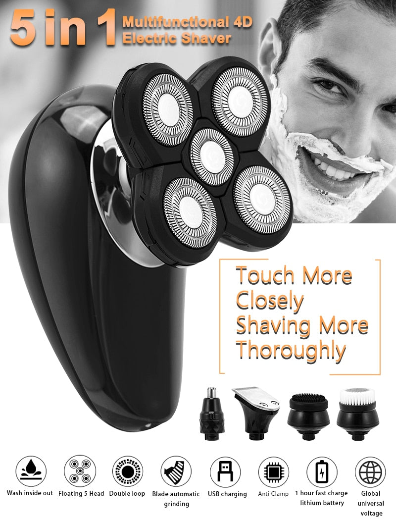 Electric Razor for Men Bald Head Shaver LED Display Nose Hair Beard Trimmer Clippers Facial Cleansing Brush USB Rechargeable