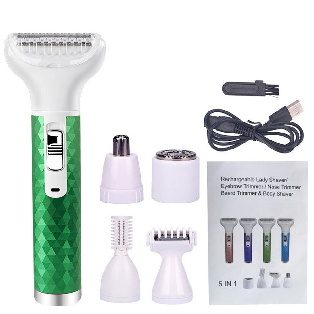 5 IN 1 Electric Hair Removal Epilator Wet&Dry Lady Shaver Nose Hair Trimmer Eyebrow Shaper Leg Armpit Bikini Trimmer Women Razor