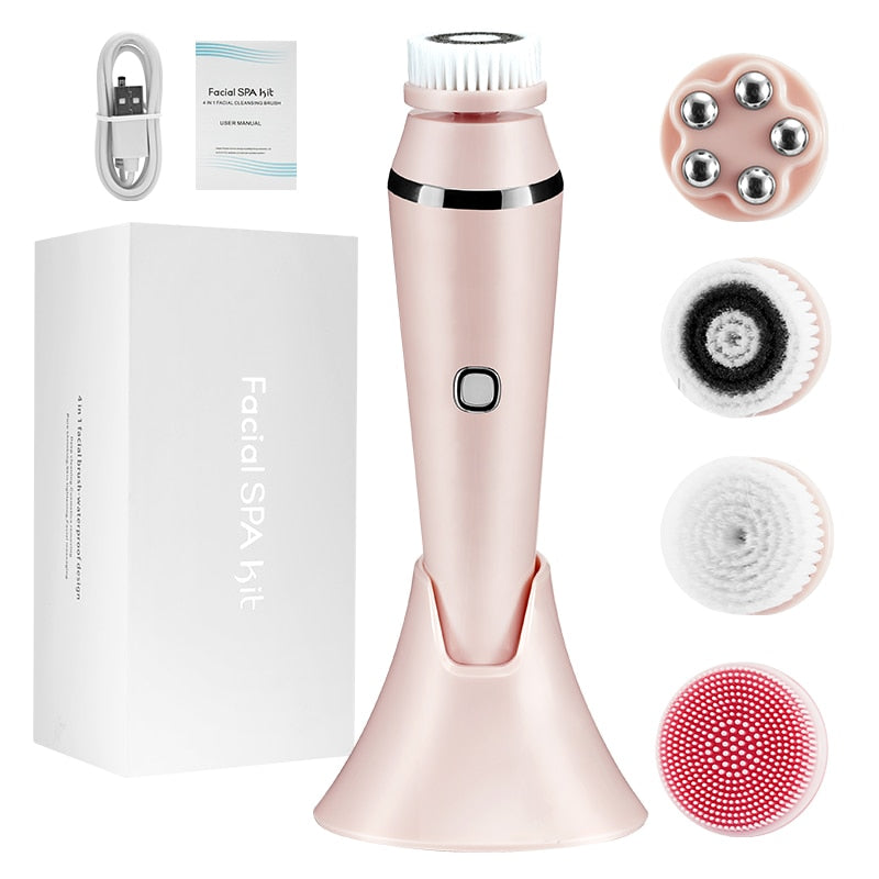 Electric 4 in1 Face Cleansing Brush Sonic Blackhead Exfoliating Face Cleaner Skin Tightening Massager Home Skin Care
