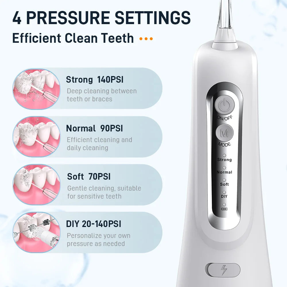 Oral Irrigator Dental Water Flosser 4 Mode Portable Dental Water Jet Floss Rechargeable 300ML 4 Tip IPX7 Teeth Cleaner Whitening