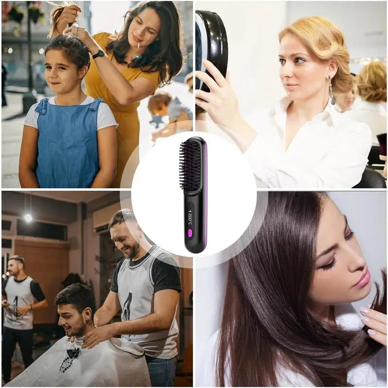 Hair Straightener Brush Electric Hot Comb With 3 Heating Settings USB Charging 30s Heat-up Negative Ion Hair Styling Accessories