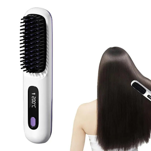 Hair Straightener Brush Electric Hot Comb With 3 Heating Settings USB Charging 30s Heat-up Negative Ion Hair Styling Accessories