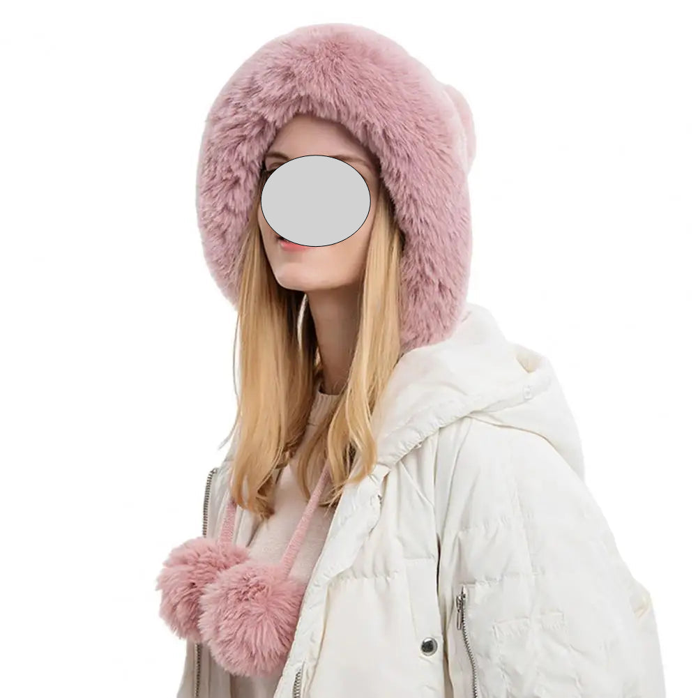 Women Hat Fur Thicken Plush Lining Fluffy Keep Warm with Earflap Three Balls Autumn Winter Ladies Knitted Cap for Outdoor