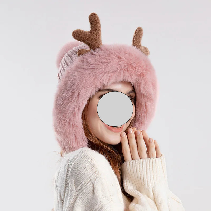 Christmas Deer Horn Knitted Hat Women Winter Outdoor Skiing Cold Proof Plush Ear Protection Woolen Hat