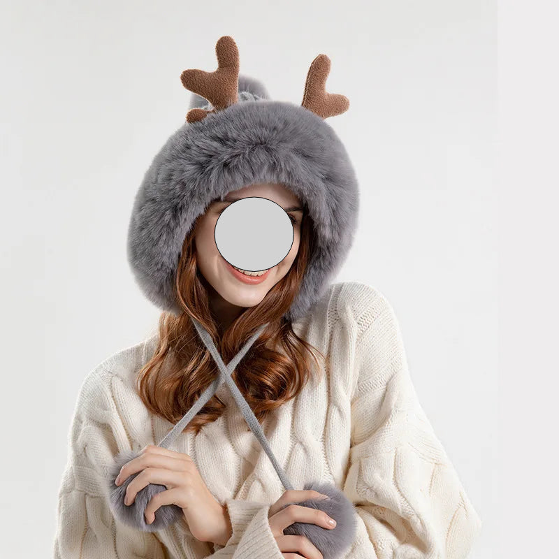 Christmas Deer Horn Knitted Hat Women Winter Outdoor Skiing Cold Proof Plush Ear Protection Woolen Hat