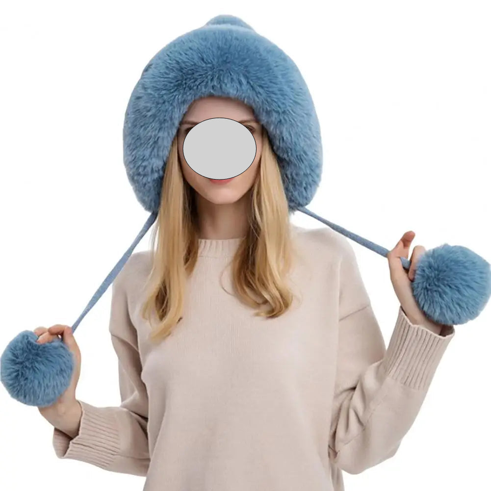 Women Hat Fur Thicken Plush Lining Fluffy Keep Warm with Earflap Three Balls Autumn Winter Ladies Knitted Cap for Outdoor