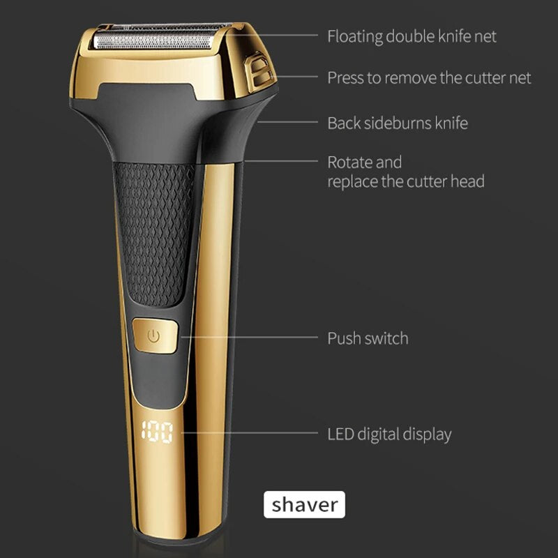 Multifunctional Men Electric Foil Shaver Gold Reciprocating Razor Nose Ear Trimmer 3 In 1 USB Hair Cutting Machine Clipper