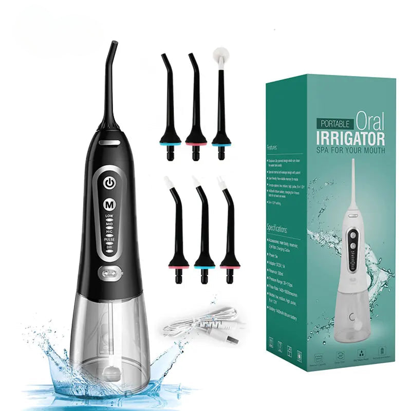 Oral Irrigator 5 Modes USB Rechargeable Portable Dental Water Flosser Jet 300ml Water Tank Teeth Cleaner 6 Jet Nozzle