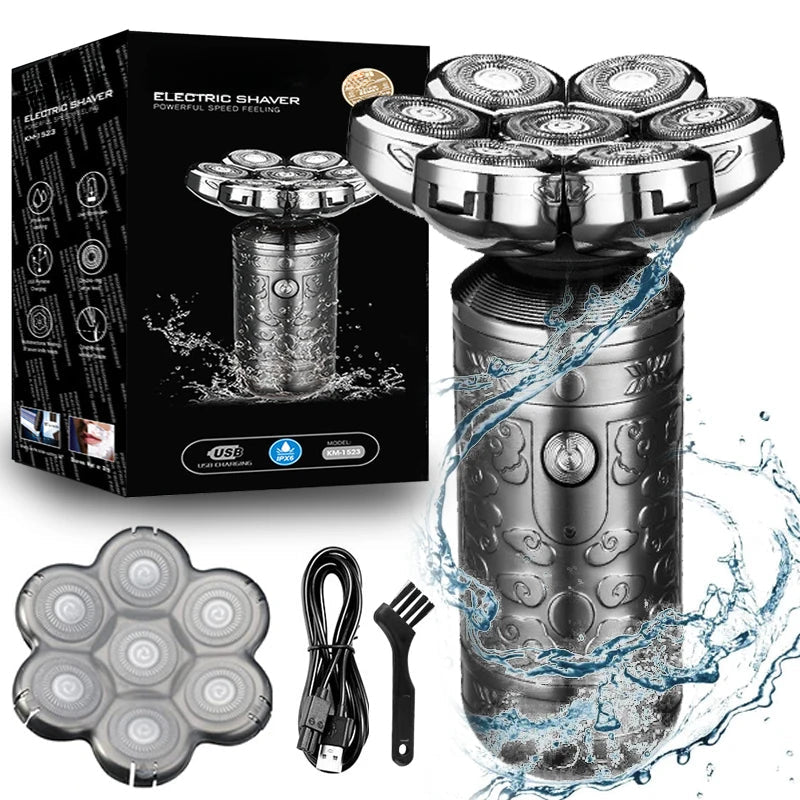 7-Blade Professional Beard Hair Electric Shaver for Men Rechargeable Head Electric Razor Bald Shaving Machine Metal Shell