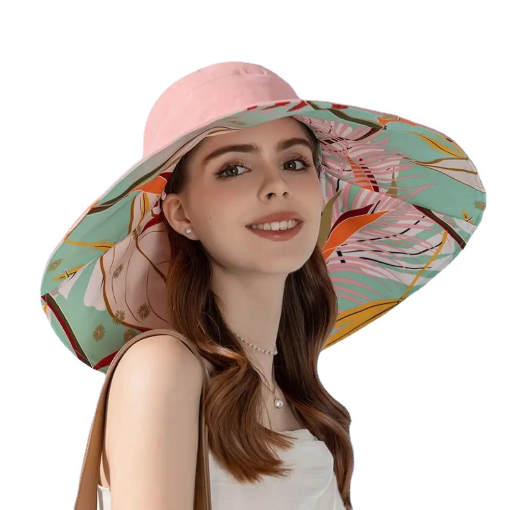 Cotton Women Fisherman Hat Fashion Large Brim Breathable Sun Hat Double-sided Plant Printing Bucket Hat