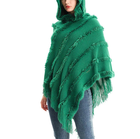 Women Winter Knit Hooded Poncho Cape Lady Spring Fringed Shawl Wrap Sweater Pullover Vintage Chic Tassels Cloak Capes