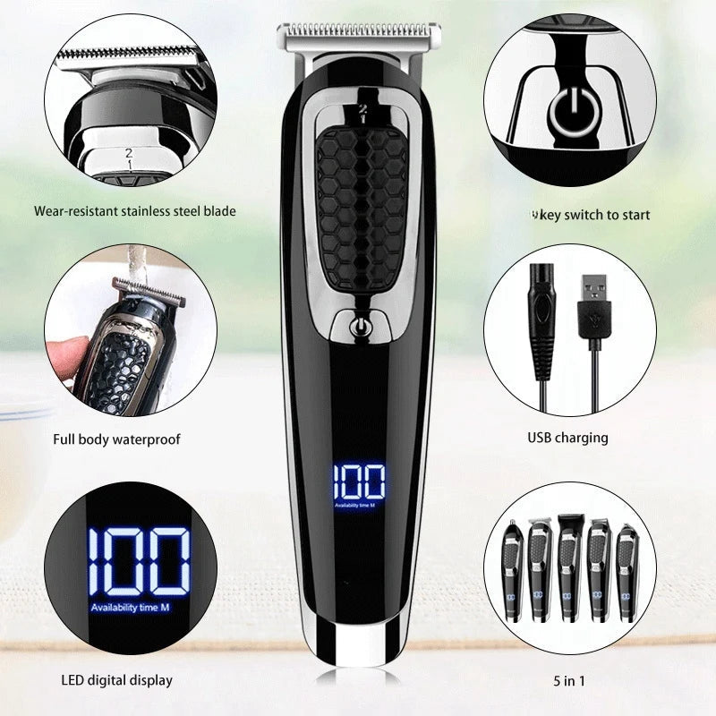 Professional Hair Trimmer Waterproof 5 in 1 Hair Clipper Electric Hair Cutting Machine Beard Trimer Body Men Haircut