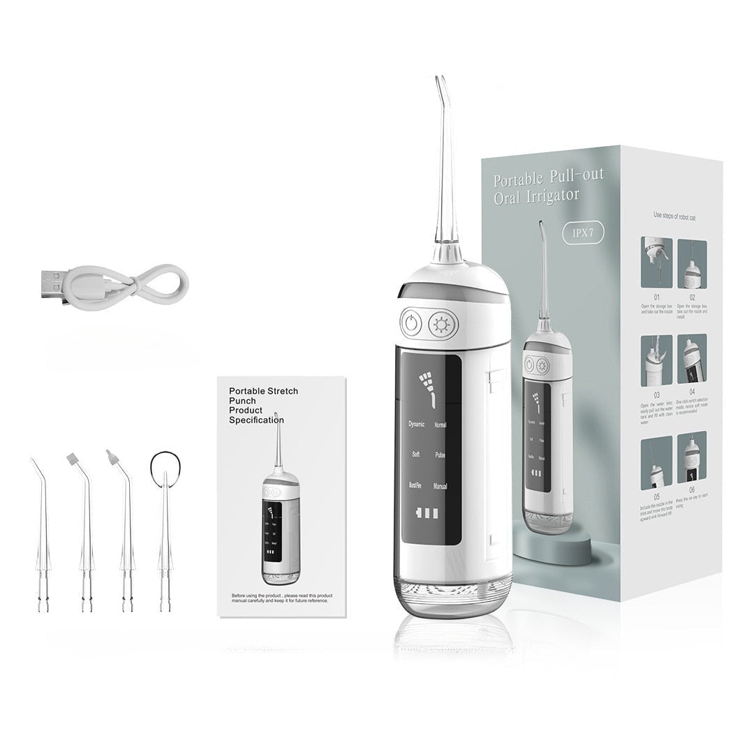Newest Stretch Oral Irrigator Intelligent Portable Dental Water Jet Flosser Rechargeable for Teeth Cleaning IPX7 180ml Tank 4Tip