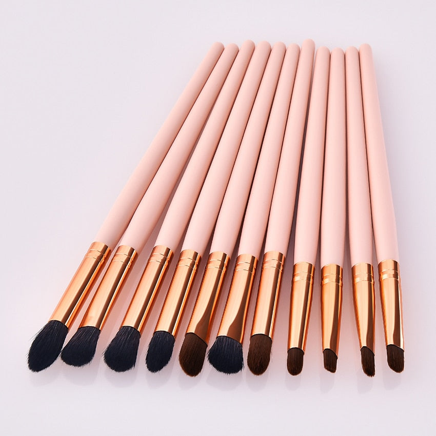 11pcs Pvc Pink Gold Wood Eyes Makeup Brushes Set Eyeshadow Eyebrow Lip Professional Beauty Cosmetic