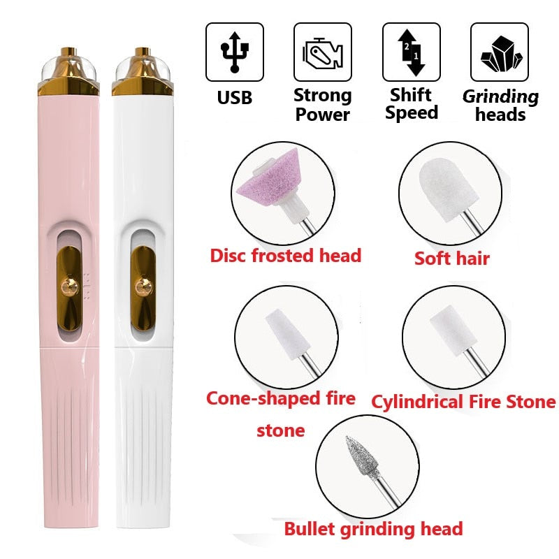 USB Professional Electric Pen-Shape Nail Drill Machine 5 IN 1 LED Nail Art Drill Set File Nail Pedicure Drill Nails Apparatus