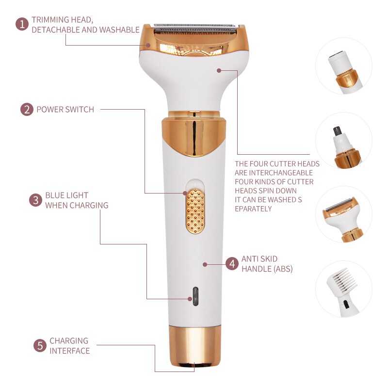 4 in 1 Women's Electric Epilator USB Charging Portable Hair Remover Bikini Painless Shaver for Women Body Facial Eyebrow Trimmer
