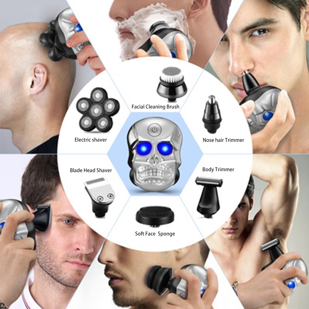 6 In 1 4D Men's Rechargeable Razor for Men Beard Hair Trimmer Heads Beard Nose Ear Hair Trimmer Men Facial Cleaning Brush Kit