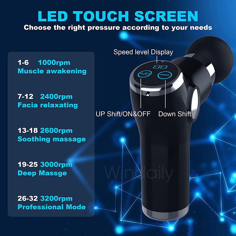 Mini LCD Massage Gun 32 Speed Touch Screen Deep Tissue Percussion Muscle Mini Massager Fascial Gun For Pain Relief Body Massage