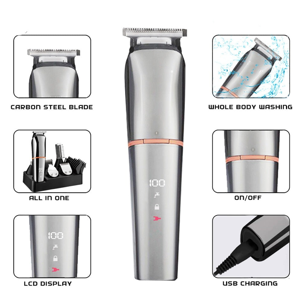 Waterproof Rechargeable Hair Clippers for Men Body Mustache Nose Hair Groomer Cordless HairTrimmer 6 in 1 Grooming Kit