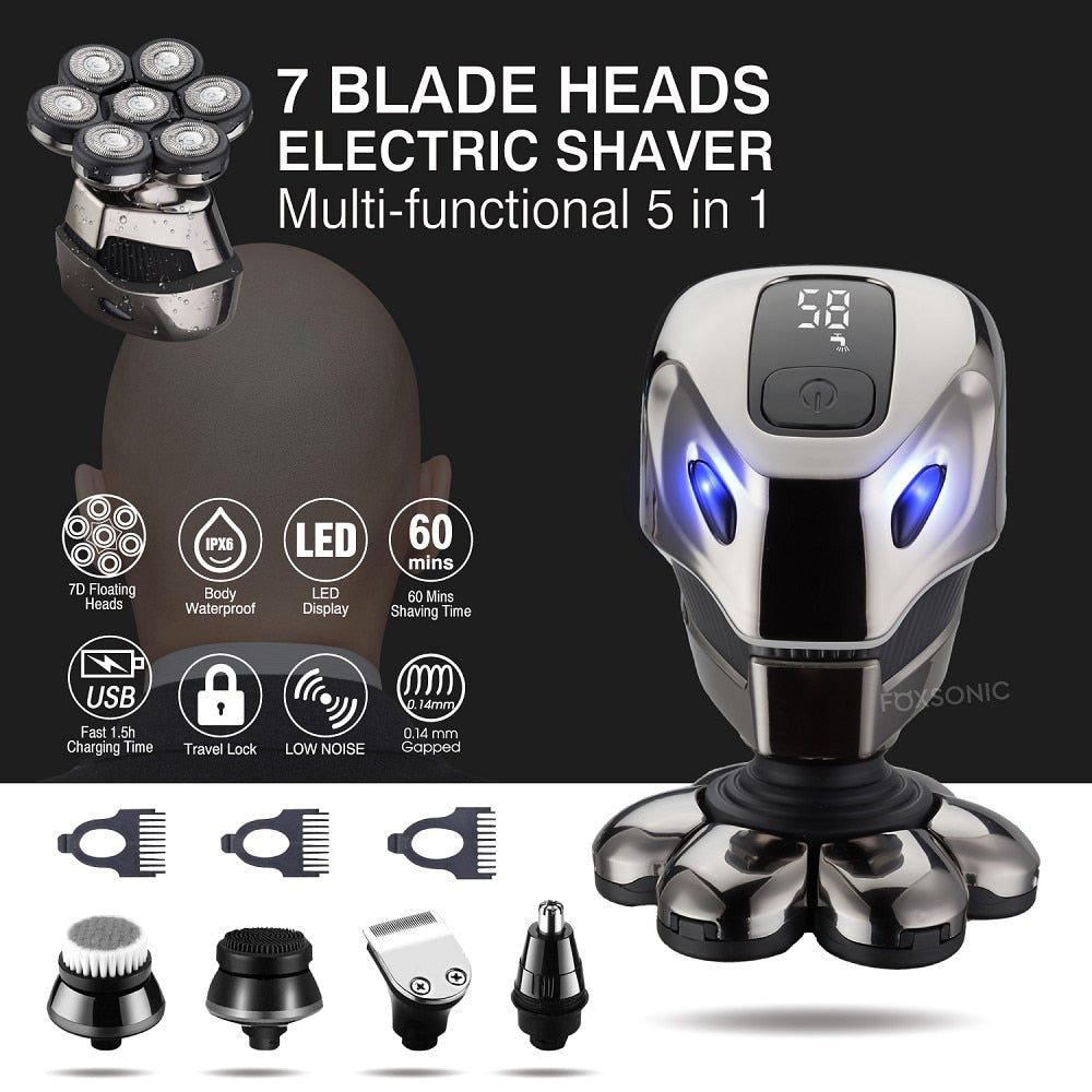 Electric Shaver Razor for Men's Trimmer Wet and Bald Head Dry Razor 7D Head Waterproof LED Display Machine for Shaving