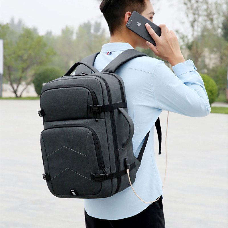 Mens Casual Backpack USB Charging Luxury Laptop Bag Waterproof Waxy Glue Gray Multifunctional Urban Business Rucksack Man