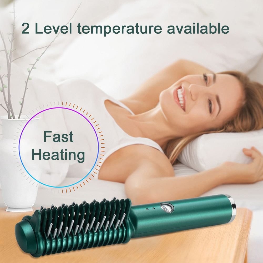 Electric Hair Straightener Comb Fast Heat-up Ceramic Straightening Brush USB Charge Smooth Straight Styler Wireless Curling Iron