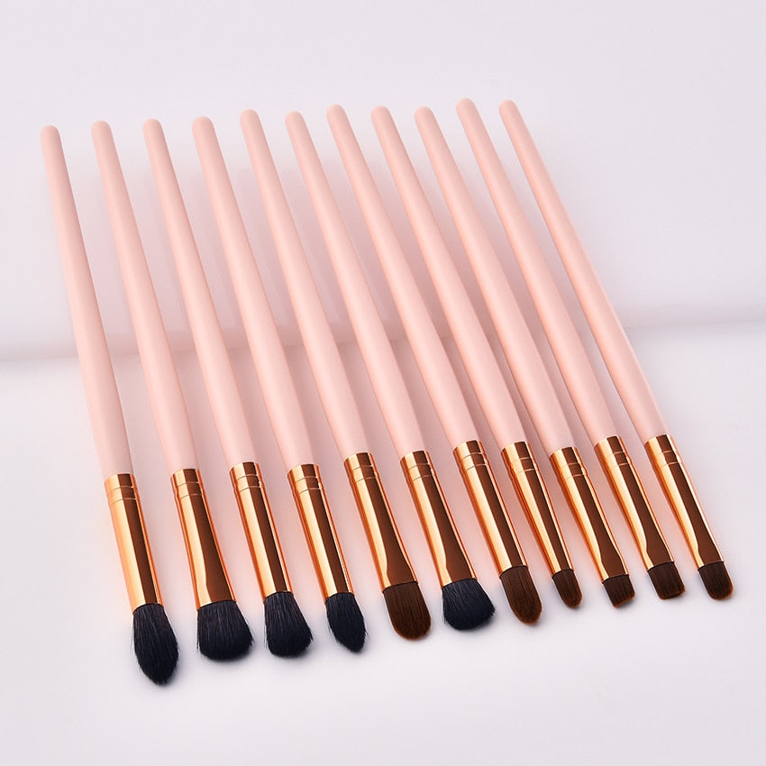 11pcs Pvc Pink Gold Wood Eyes Makeup Brushes Set Eyeshadow Eyebrow Lip Professional Beauty Cosmetic
