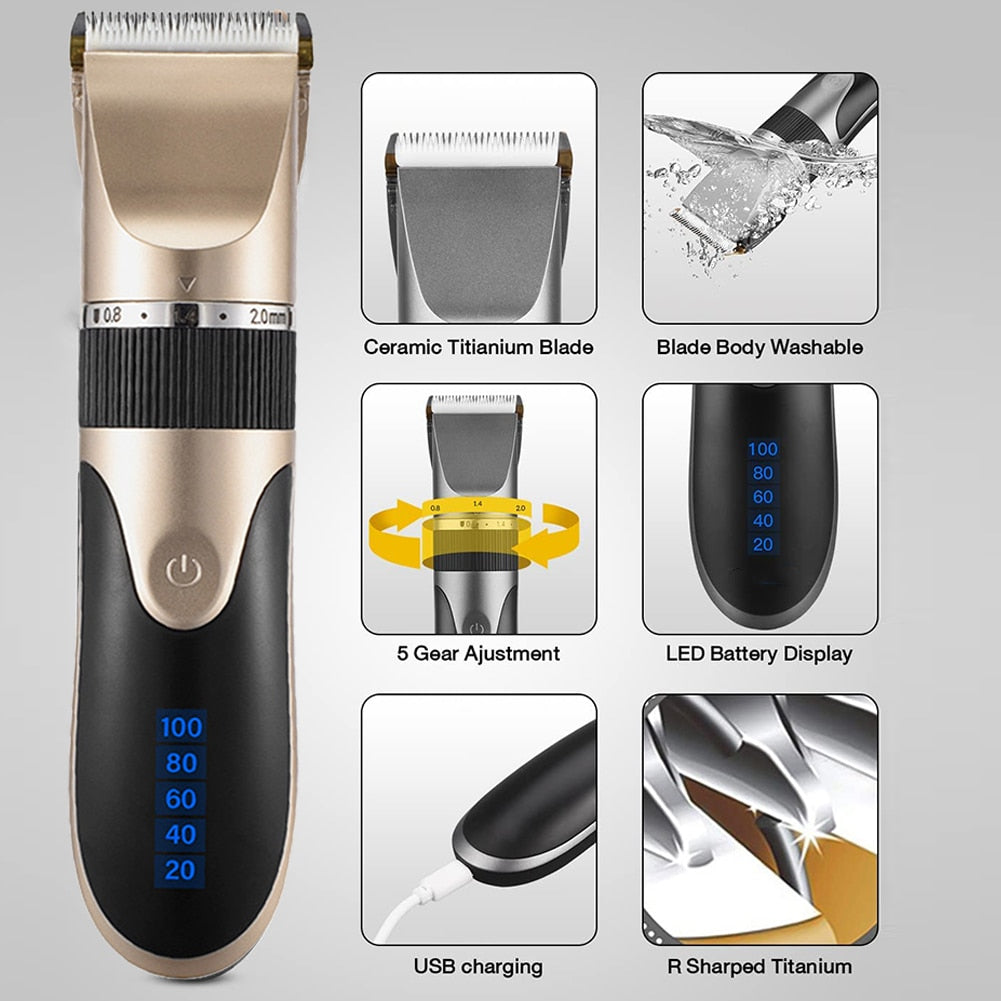 Professional Hair Clipper Men Barber Rechargeable Beard Trimmer Ceramic Blade Hair Cutting Machine Low Noise Haircut Adults